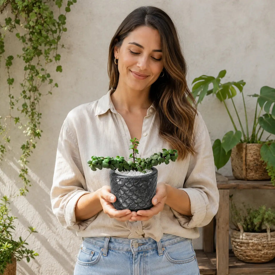 Pack Suculenta Portulacaria afra (Jade Enano) + Macetero de Hormigón | Planta Resistente de Interior y Regalo