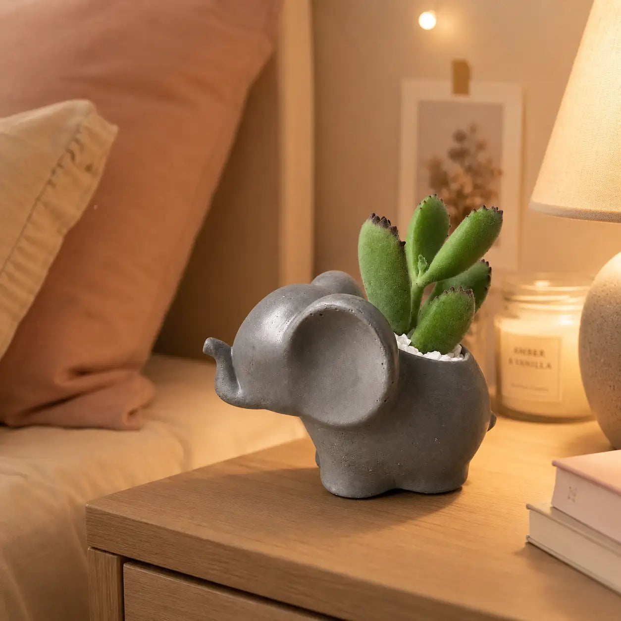 Macetero Elefantito con Suculenta Garra de Oso (Cotyledon tomentosa) | Planta Tierna + Maceta de Hormigón | Regalo Original