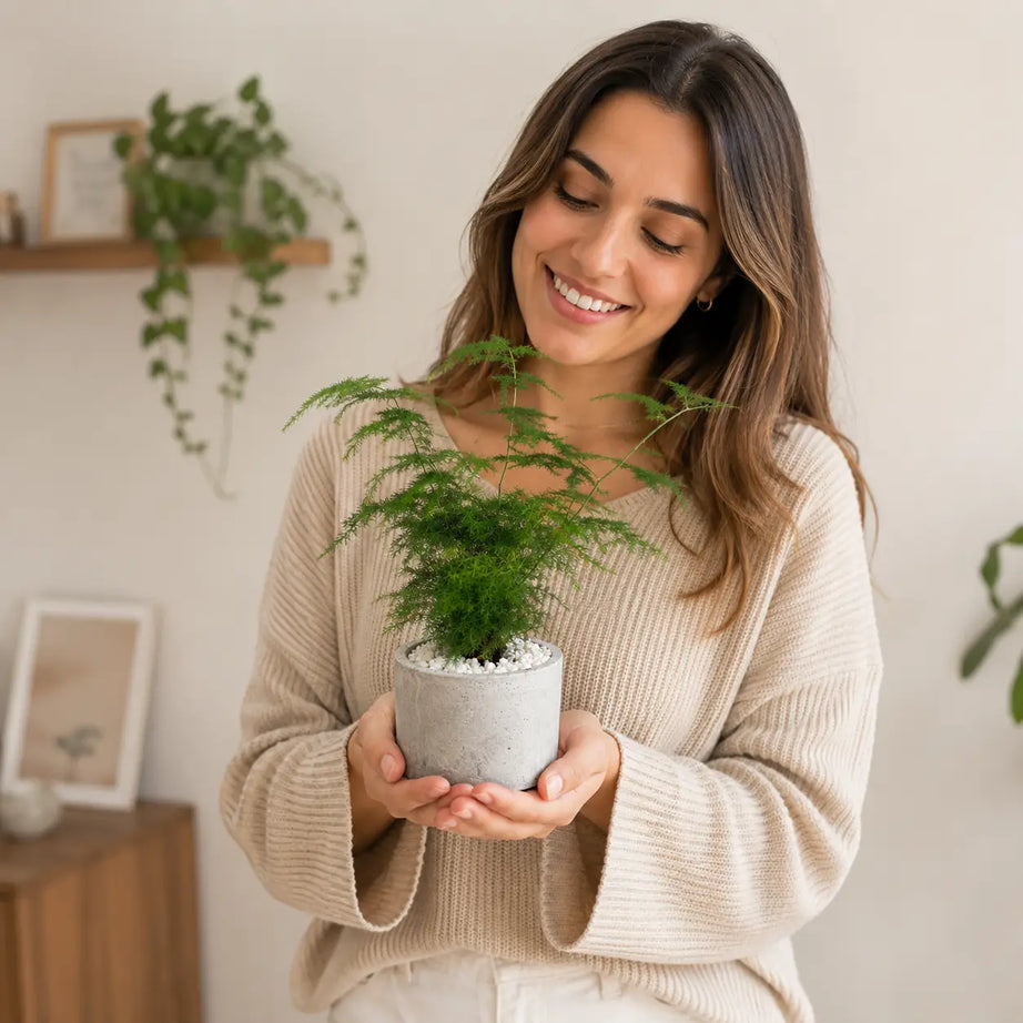 Pack Helecho Plumoso (Asparagus setaceus) en Macetero de Hormigón | Planta de Interior Elegante y Decorativa