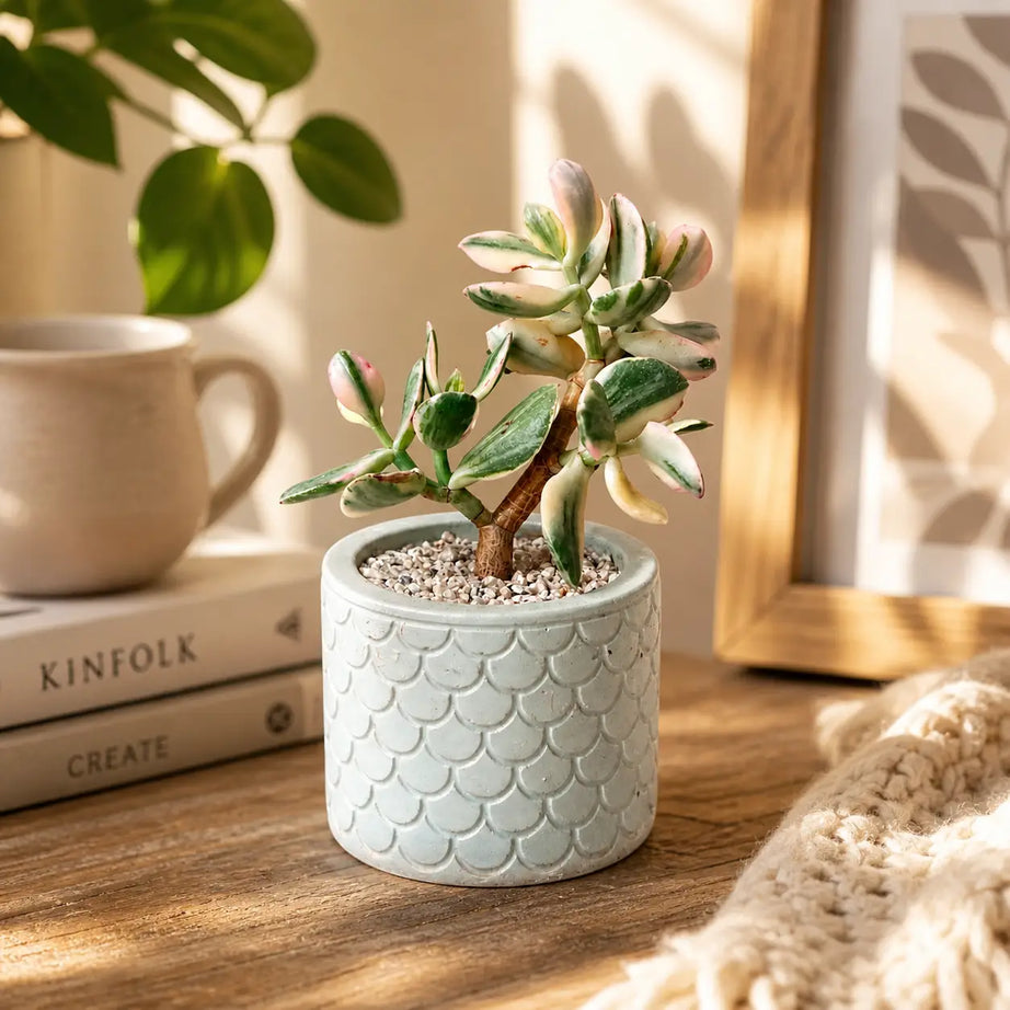 Pack Suculenta Jade Variegado + Macetero de Hormigón Texturizado | Planta Decorativa Interior con Drenaje