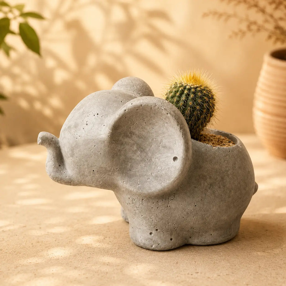 Macetero Elefantito con Cactus Dorado (Parodia leninghausii) | Planta Resistente + Maceta de Hormigón | Regalo Fácil Cuidado
