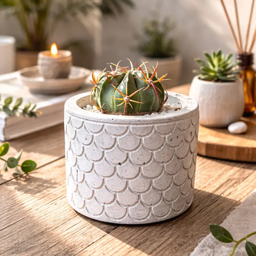 Pack Cactus Decorativo + Macetero de Hormigón Texturizado | Planta Interior Resistente con Drenaje